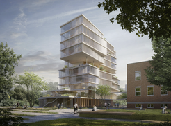 Der siegreiche Entwurf von Behnisch Architekten: Ansicht von der Neckarseite aus. Das denkmalgeschützte Bestandsgebäude zur Rechten des Neubaus, Grünfläche mit Parkelementen vom Neckarufer zu den Gebäuden im Sinne der 60-Meter-Linie der Freiflächen am Neckarufer des Neckarbogens, die im Masterplanprozess besondere Bedeutung erhalten.
