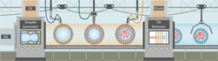 Fig 1. Schematic representation of a modular engineering approach for the sequential bottom-up assembly of cellular systems by means of an automated, high-throughput, droplet-based microfluidic technology.