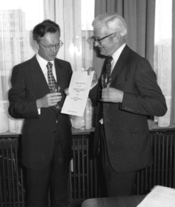 Fig 4: In 1975 EMBL and DESY entered into a formal agreement to set up an EMBL outstation at DESY in Hamburg. The photograph shows H. Schopper Chairman of the Directors of DESY, J.C. Kendrew Director General of EMBL and W. Berghaus the Administrative Director of DESY at the signing ceremony.