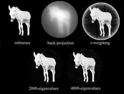 Fig 5: the original object; the raw back projection, the r-weighted back-projection, the reconstructed image using 2000 largest eigenfunctions; the reconstructed image using 4000 eigenfunctions.